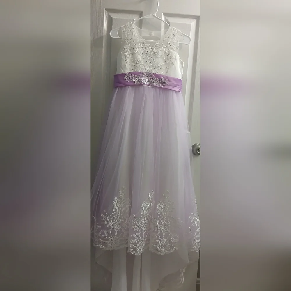Elegant White and Purple Dress with Bows At Back And Down Length Of Dress.